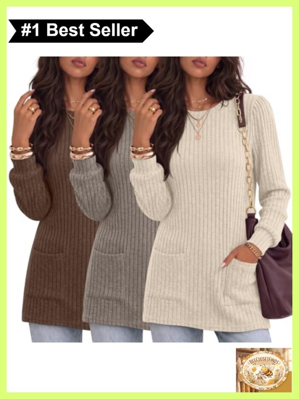 Womens 3 Pack Long Sleeve Ribbed Knit Tunics Crew Neck Pockets